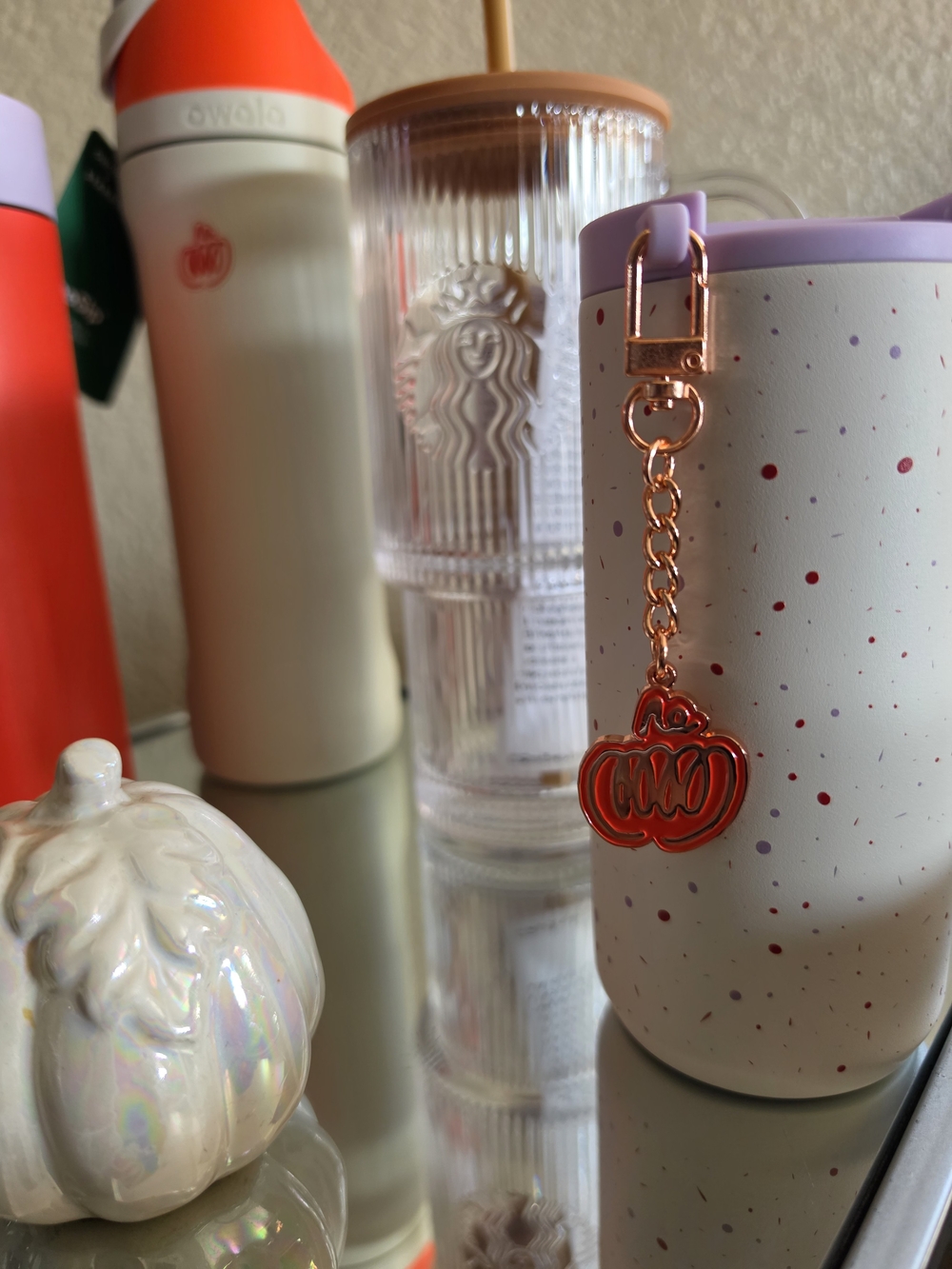 Lavender Speckled Travel Tumbler with Rose Gold Pumpkin Charm